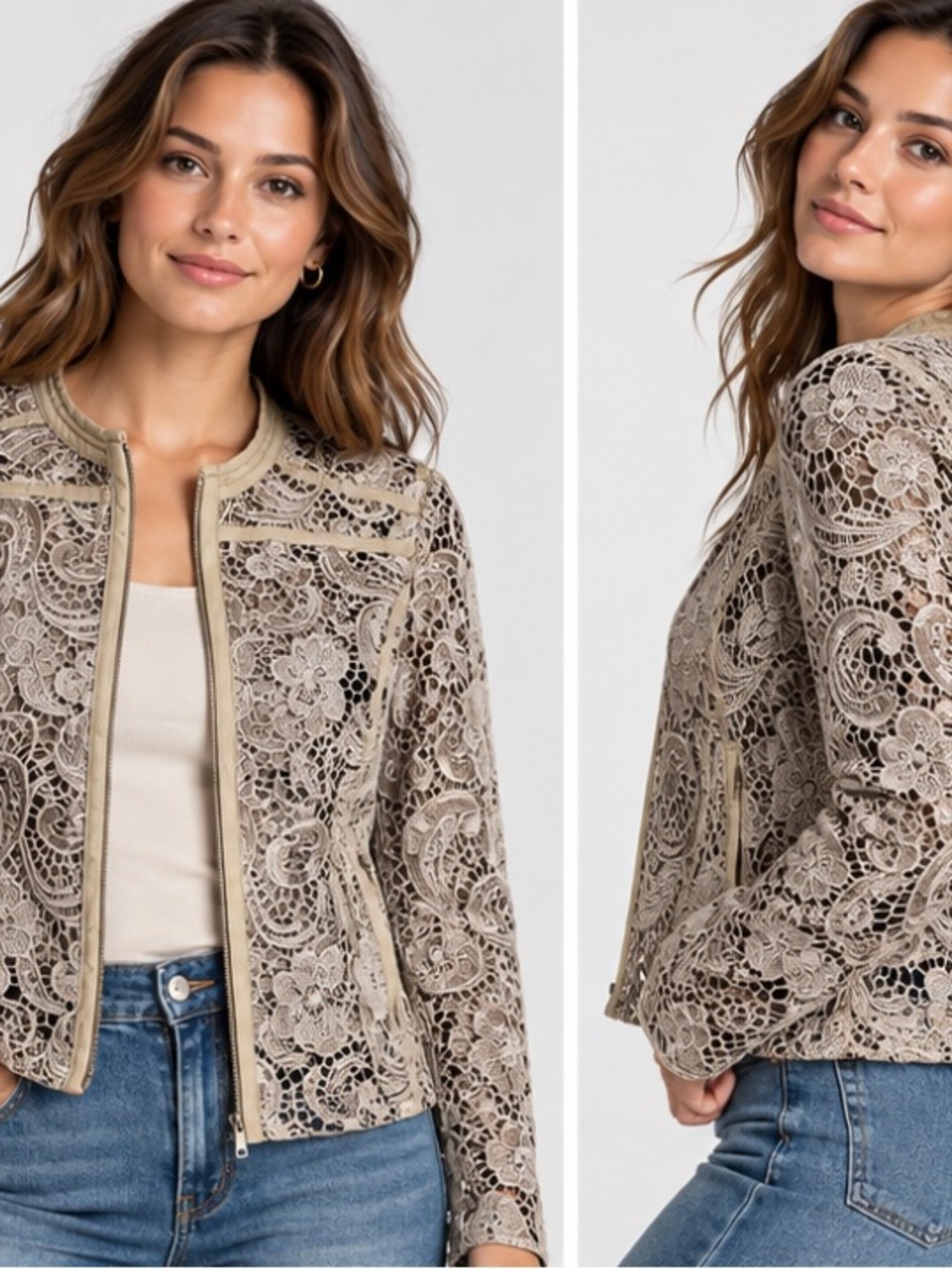 Inc Delicate Lace Zip-Front Jacket in tuape beige size S